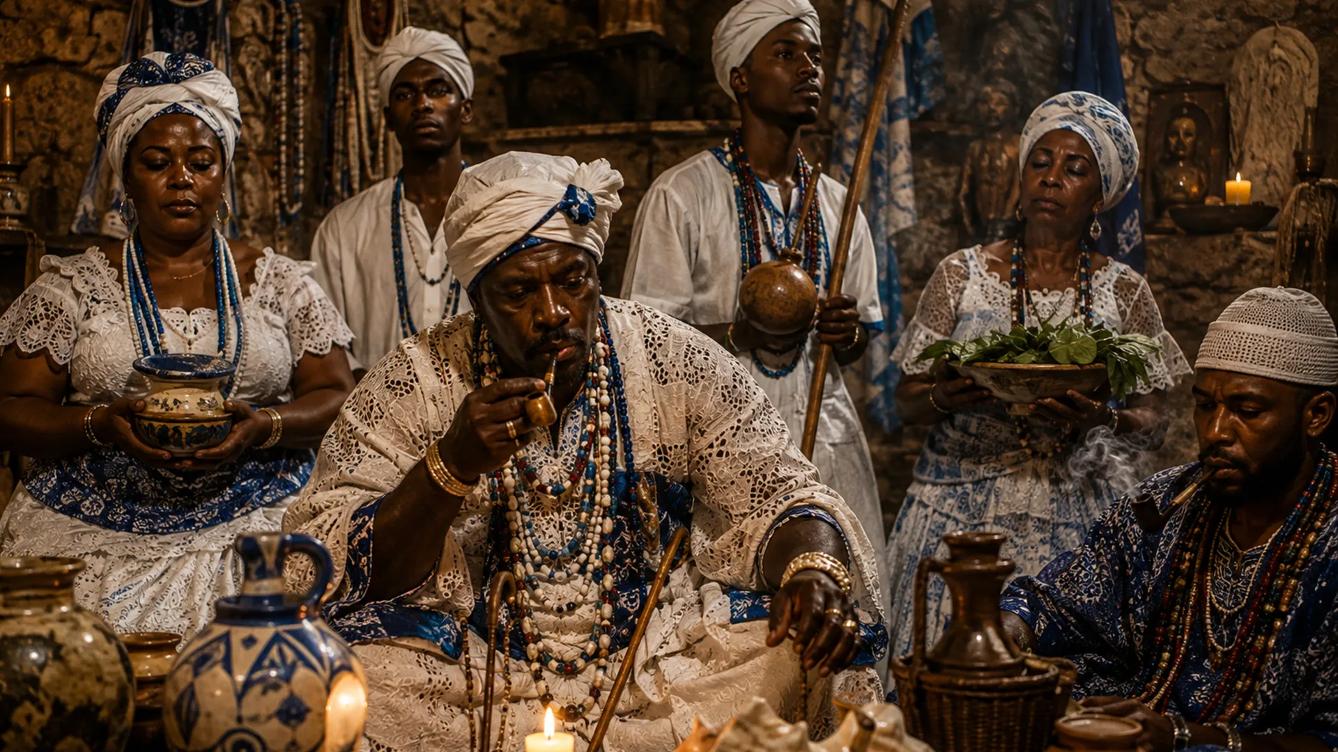 Entidades da linha dos Baianos na Umbanda reunidas em ambiente espiritual de fé e trabalho