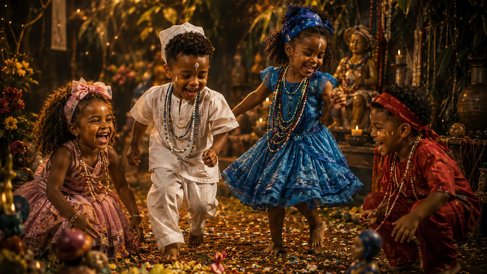 Imagem de Cosme e Damião cercada por doces e balas em celebração tradicional